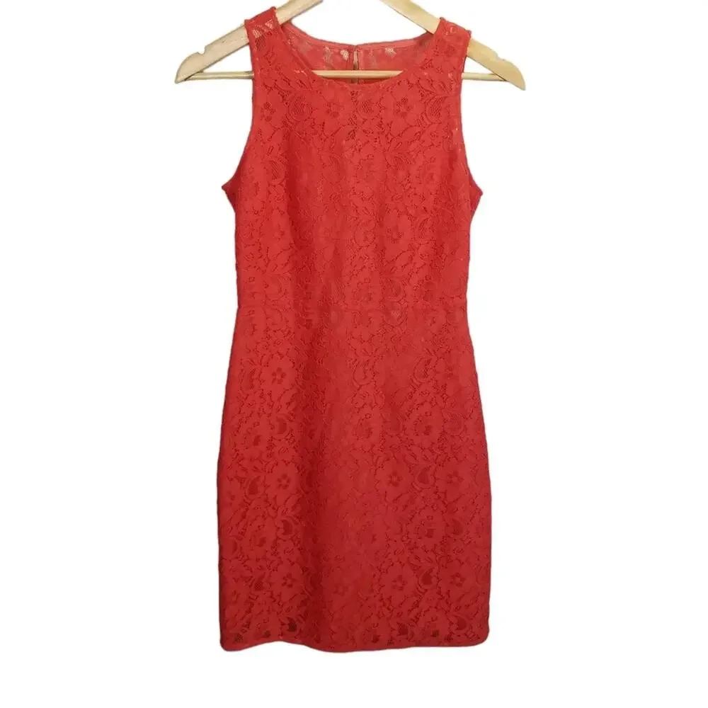 J. CREW Dress 00 XS Sleeveless Coral Poppy Lace Overlay A-line
